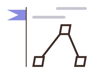 Blue flag marking objective, connected decision tree diagram for structure and outcomes. Ideal for planning, strategy, organization, decision-making, target setting, success pathways, simple flat