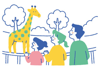 Family looking up at giraffe at zoo_Color