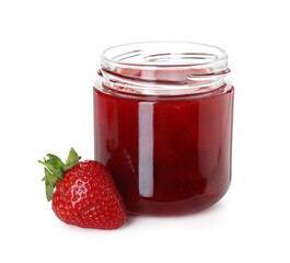 Tasty strawberry jam in jar and fresh berry isolated on white