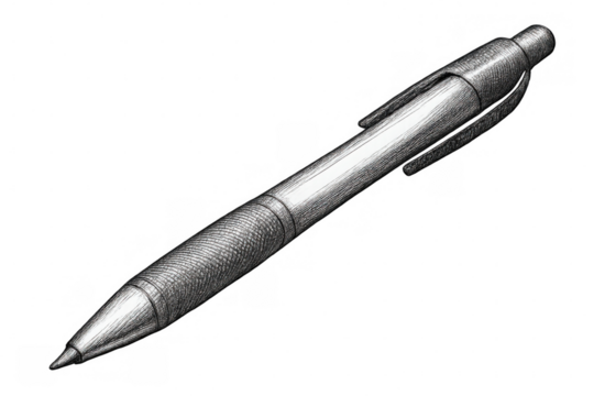 Ballpoint pen detailed sketch, transparent background, highlighting precision engineering of writing instrument for design and stationery projects