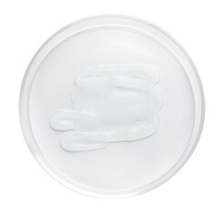 Cosmetic product in Petri dish isolated on white, top view
