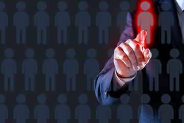 Dismissal. Businessman choosing human figure on virtual screen against black background, closeup