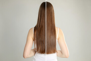 Obraz premium Hair combing, straightening. Woman showing hairstyle before and after different procedures on light grey background, back view. Photo divided in halves