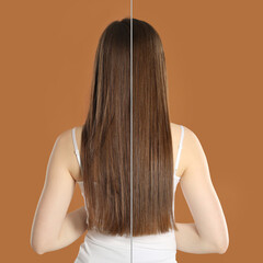Hair combing, straightening. Woman showing hairstyle before and after different procedures on brown...