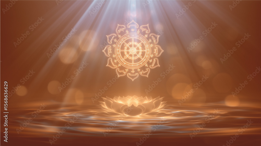 Poster dharmachakra symbol glowing above lotus flower with light rays on warm gradient background depicting
