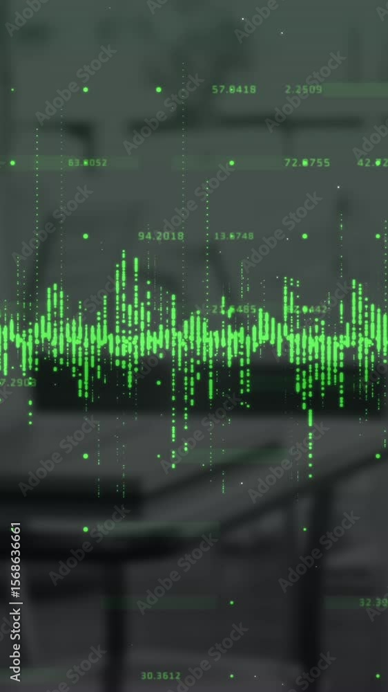 Poster digital composite video of green graphs over financial data processing against empty office