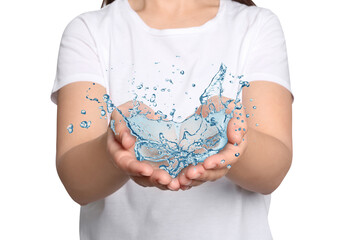 Woman with splashes of pure water on white background, closeup