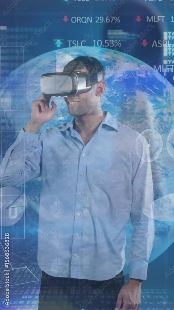 Poster animation of man wearing vr headset and data processing over blue background