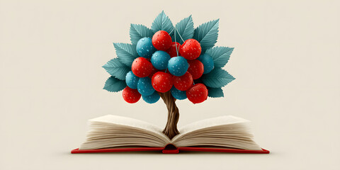 Knowledge Blossoms: An open book supports a flourishing tree with vibrant red and blue fruits, symbolizing the growth of knowledge and learning, set against a neutral background.
