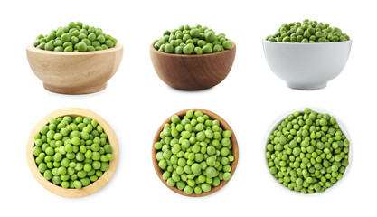 Fresh green peas in bowls isolated on white, collage. Top and side view
