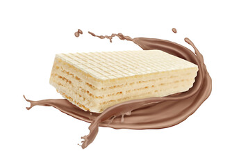 Tasty wafer and chocolate milk splash in air against white background