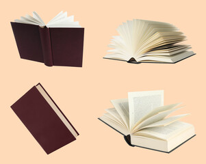 Hardcover books against pink beige background, collage