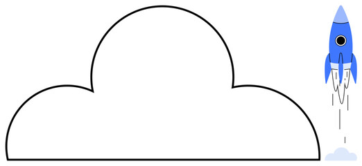 Blue rocket blasting upward and minimal cloud outline convey growth, data storage, innovation potential. Ideal for technology, startup, digital transformation, ambition, speed, creativity simple