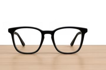 Stylish black eyeglasses sit on a wooden table against a transparent background, ready for customization and various design projects