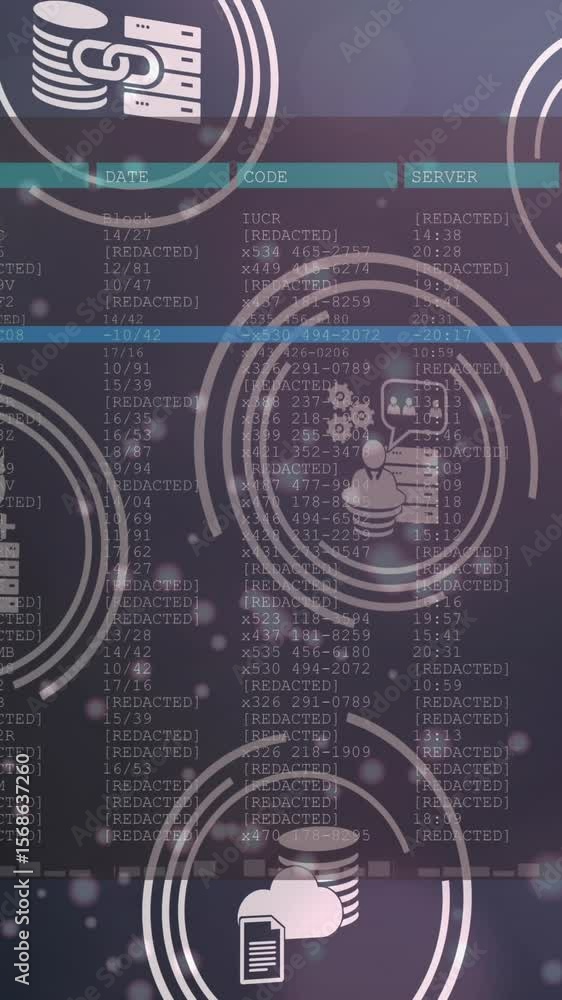 Poster animation of interface with financial icons and information moving on dark background