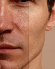 Comparative image of a Latino man's face, focusing on the cheeks and nose, before and after using the pore tightening product, Saeng Khao Clinic.