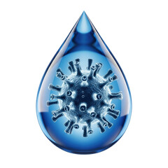 A microscopic blue virus particle is suspended inside a shimmering blue water droplet, representing health risks, water contamination, and germ transmission.