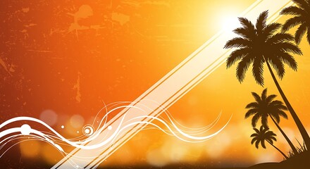 Silhouette Palm Trees Against a Bright Orange and Yellow Sunset Background
