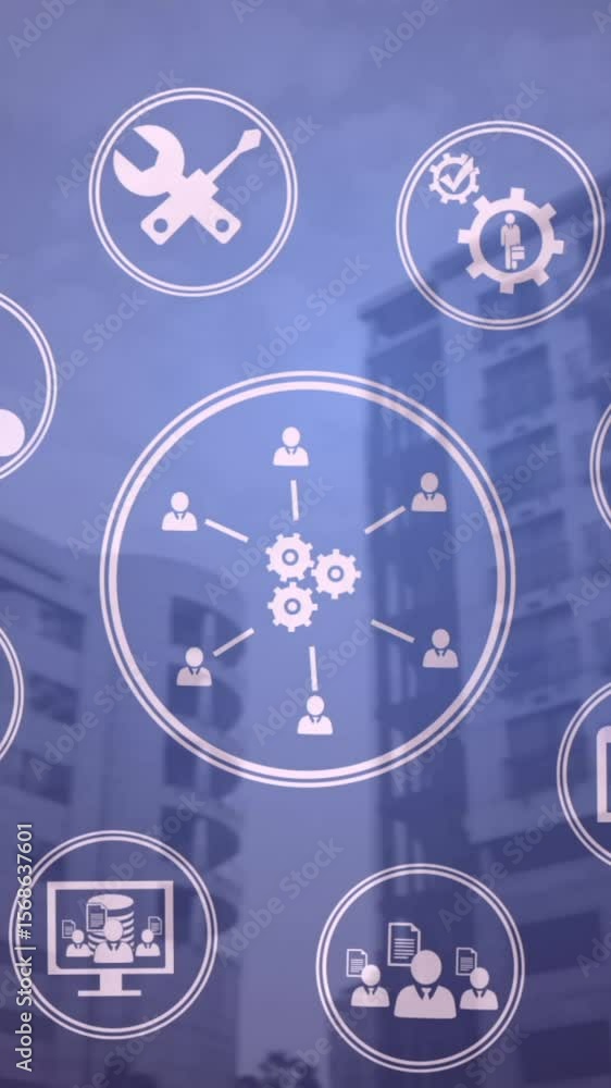 Aufkleber animation of network of digital icons over office blocks on purple tinted background
