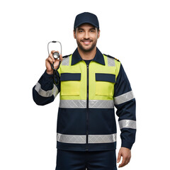 Smiling paramedic offers stethoscope checkup for better health