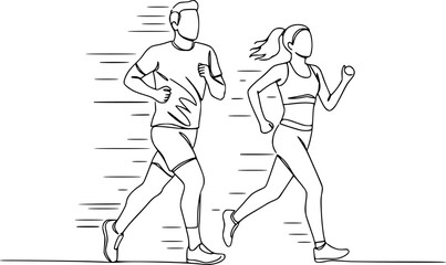 Running man and woman, isolated vector illustration in continuous line drawing style. Run, side view. Silhouettes of athletic looking male and female runners running. EPS 10 version.