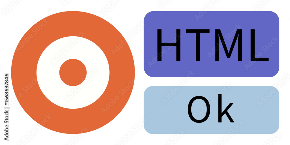 Poster circular target icon beside html and ok buttons in contrasting orange, blue, and light blue. ideal f