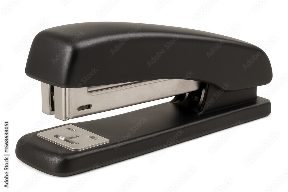 Poster black stapler positioned on clear surface, securing papers with sleek design and professional functi