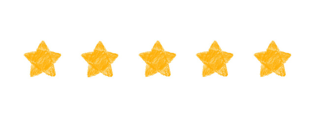  Hand-Drawn 5-Star Rating Icon. Textured Crayon Sketch Style Symbol. Transparent PNG for Kids’ Apps, Reviews, and Playful UI Design.