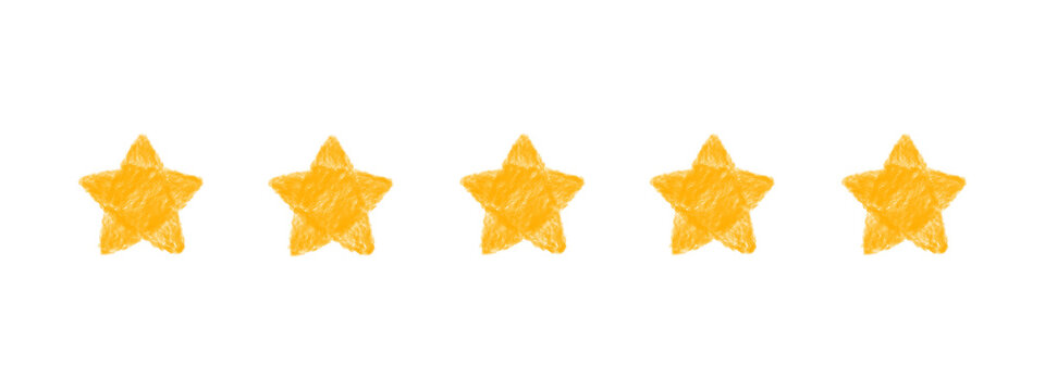  Hand-Drawn 5-Star Rating Icon. Textured Crayon Sketch Style Symbol. Transparent PNG for Kids’ Apps, Reviews, and Playful UI Design.