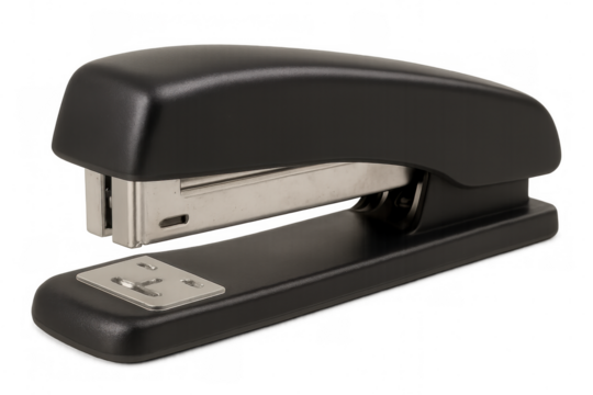 Black stapler positioned on clear surface, securing papers with sleek design and professional functionality for workspace organization