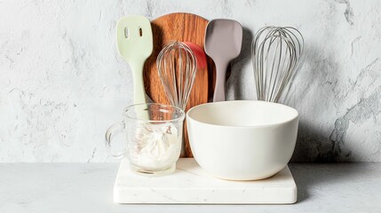 Kitchen Utensils and Bowl on Marble, Whipped Cream
