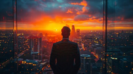 Fototapeta premium Man contemplates city skyline from skyscraper window; golden sunset illuminates urban sprawl