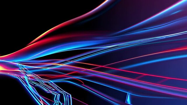 The gradient background is blue and red, with light and shadow on the left side of the screen. The lines in front have an abstract shape giving it a serse of technology