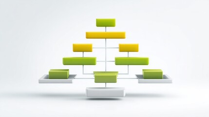A 3D hierarchical chart, featuring interconnected,  color-coded rectangular blocks on white platforms