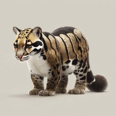 Fototapeta premium Clouded Leopard Portrait: A majestic clouded leopard, with its distinctive rosettes and powerful physique, stands alert against a neutral backdrop. Its gaze is intense, captivating the viewer. 