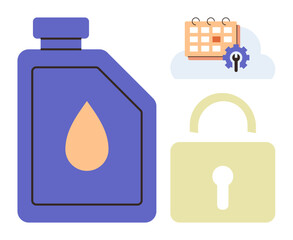 Oil bottle with droplet, calendar and gear symbol for scheduling, and a padlock for security. Ideal for concepts thumbs up maintenance, planning, organization, logistics, efficiency, care simple