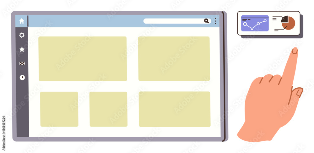 Poster browser window with layout grids and side menu paired with hand selecting data metrics on a mini ana