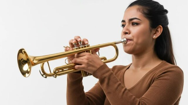 Concentrated woman plays golden trumpet