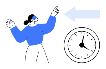 Woman raising arm towards arrow beside clock signifies goal setting and time focus. Ideal for time management, productivity, planning, decision-making, efficiency, scheduling, growth. Simple flat