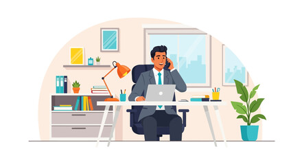 Naklejka premium Smiling businessman in grey suit talking on phone while working on laptop.