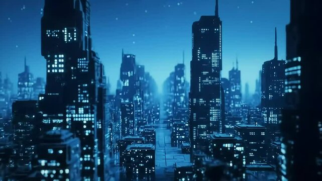 A cityscape of highrise buildings with bright blue lights at night receding into the distance