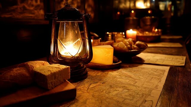A rustic table set with an old-fashioned lantern, vintage maps, and medieval-style bread and cheese