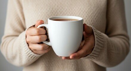 Warm Hands Holding a White Mug of Tea, Cozy Sweater and Comfort