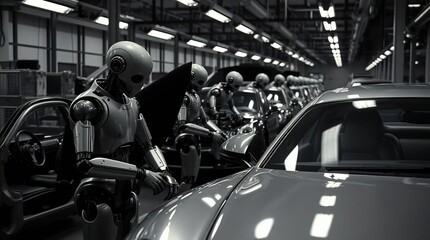Robotic figures maintain luxury cars