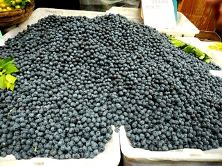 Fresh blueberries pile at local market, organic fruit texture background