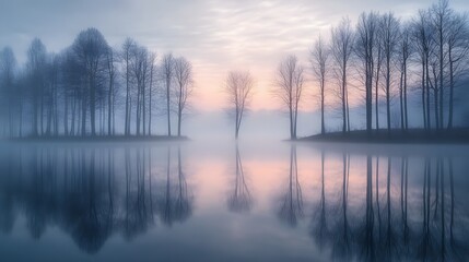 Fototapeta premium A misty landscape evokes tranquility with bare trees reflected in calm water. Fog softens the scene under a muted sky, embodying a serene weather theme. Perfect nature backdrop.