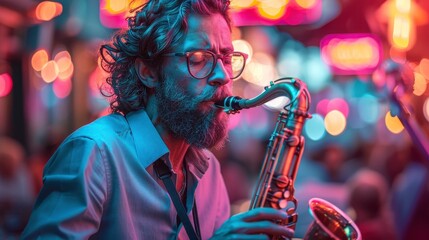 Bearded man with glasses playing saxophone, bathed in neon lights, indoor venue