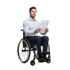 Thoughtful man in wheelchair reviewing documents in studio