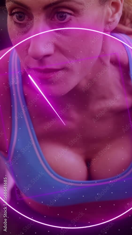 Poster animation of rotating neon scanner processing data over female athlete exercising with weights