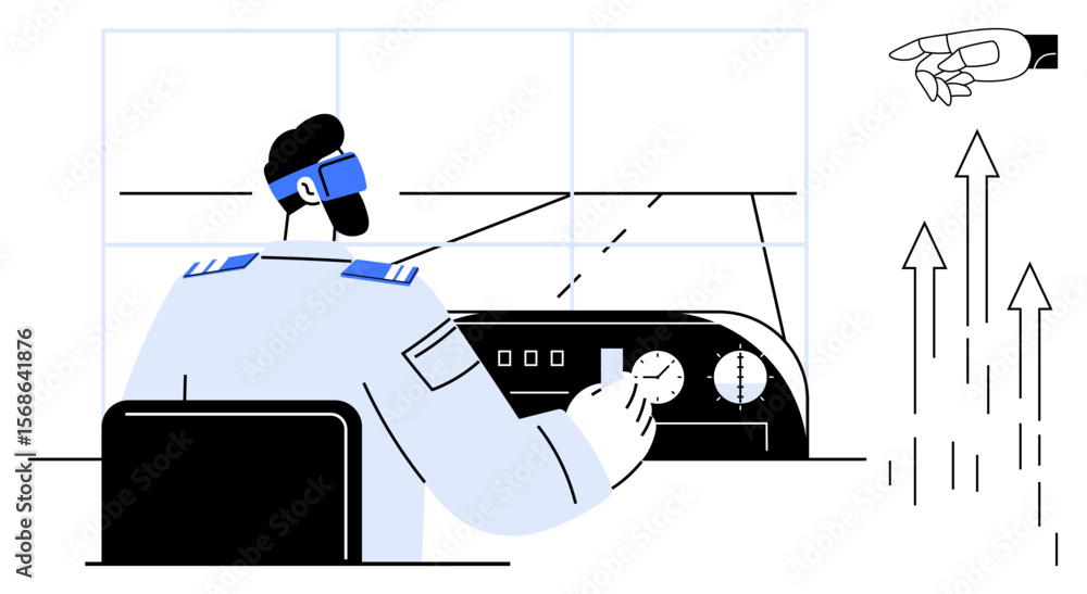 Poster pilot wearing a digital headset operates cockpit controls, focusing on navigation. displayed arrows 